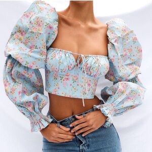 House of CB Millicent Floral Corset Top Women’s Size Small Blue Vintage Pink